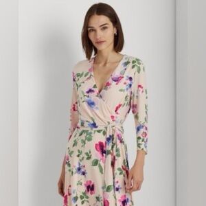 NWT Lauren Ralph Lauren Surplice Light Pink Floral Wrap Dress with Waist Tie
